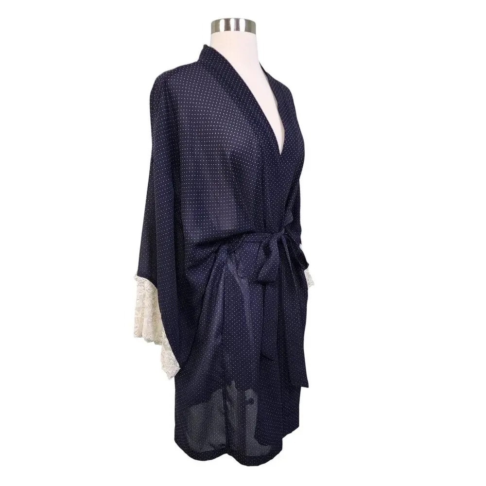 Amelias Womens Vintage Sheer Polka Dot Robe Size Large Navy Blue White Lace Cuff